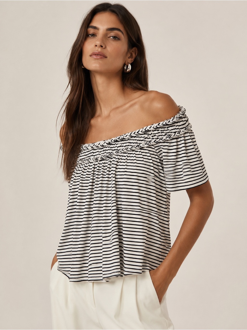 Max Studio London Off Shoulder Stripe Braided Trim Top New Chic Boho Summer S